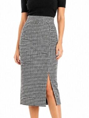 Vintage 80s Fundamental Things Wool Blend Tweed Houndstooth Midi Pencil Skirt